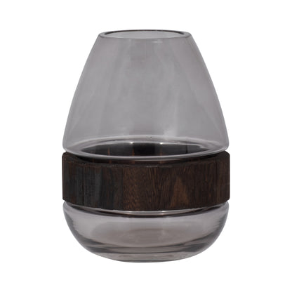 Glass, 10" Belly Vase W/ Wood Band, Clear - Decor Addict, LLC
