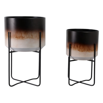 S/2 19/23" Ombre Metal Planters On Stands, Brown K - Decor Addict, LLC