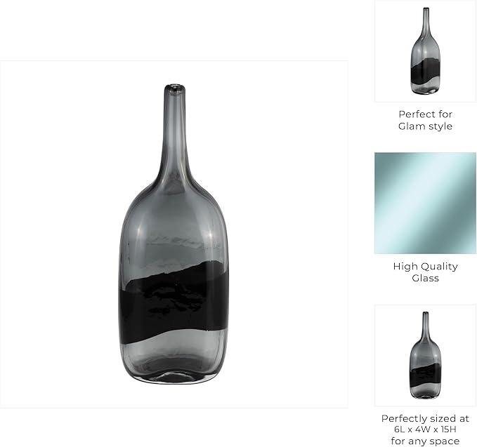 Glass 15"H Long Neck 2-Tone Vase, Smoke/Black - Decor Addict, LLC