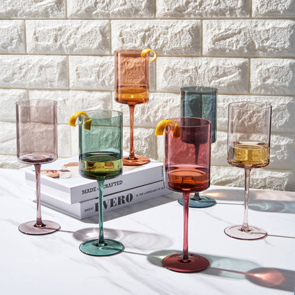 Muted Colored Square Crystal Wine Glasses Set of 6 | 12oz - Decor Addict, LLC