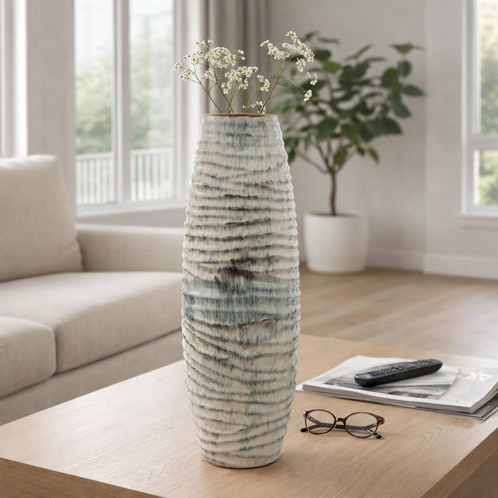 Decorative Vase - Gray Ceramic Ribbed Textured Design, 30 in - Decor Addict, LLC