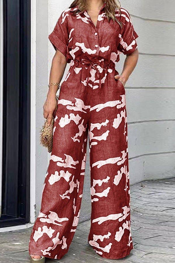 Short Sleeve Belted Wide Leg Jumpsuit: Apricot / 3XL - Decor Addict, LLC