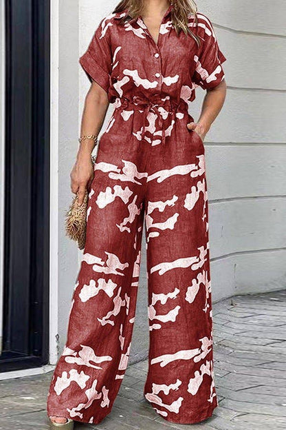 Short Sleeve Belted Wide Leg Jumpsuit: Army Green / 3XL - Decor Addict, LLC