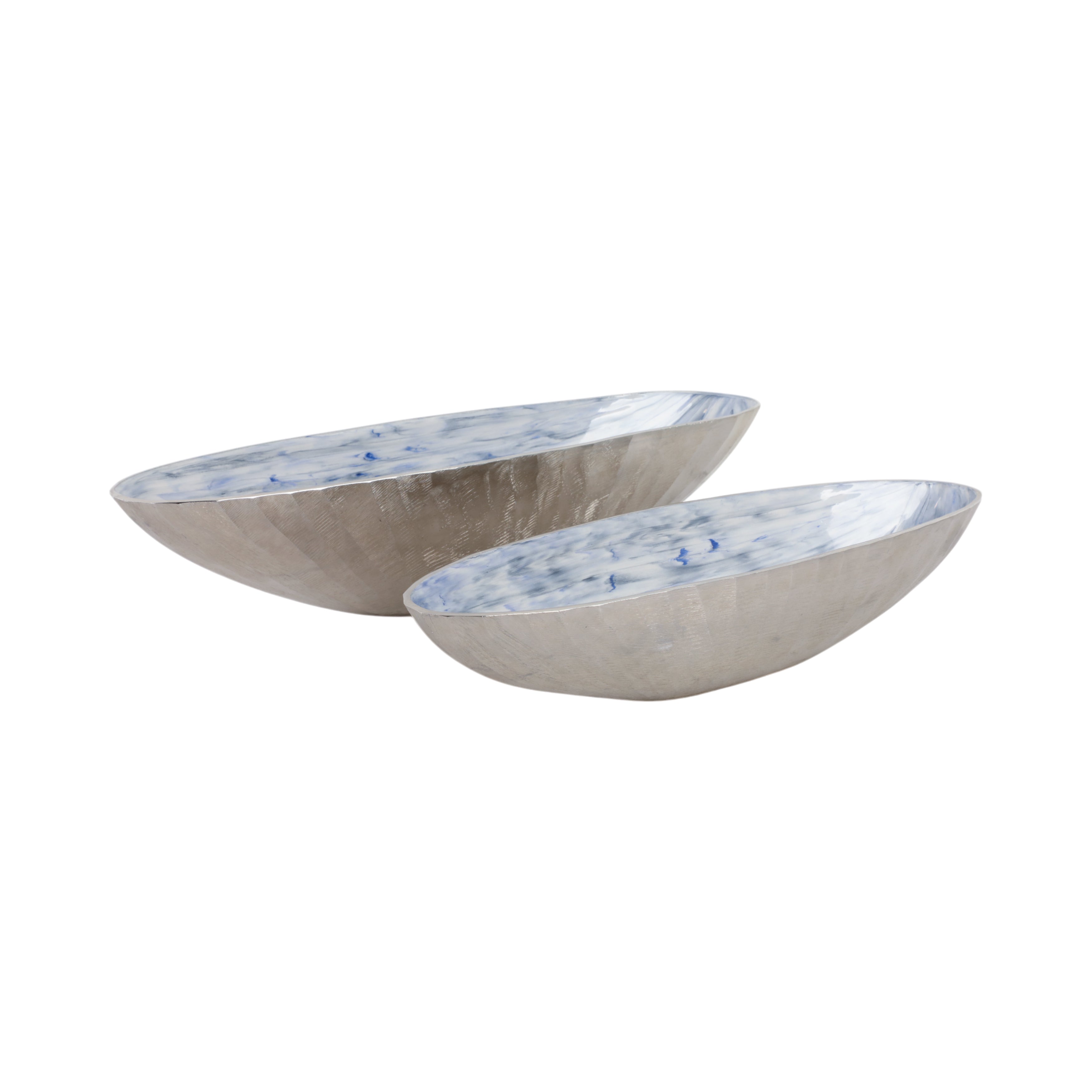 S/2 20/23" Oval Metal Bowl W/ Enamel,light Blu/sil - Decor Addict, LLC