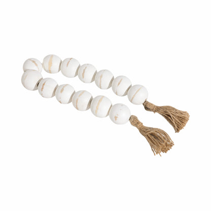 Wood, 32"l, 2"lrg Bead Garland W/ Tassel, Wht Wash - Decor Addict, LLC