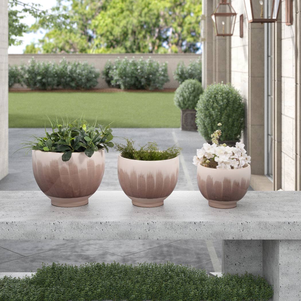Planters Set of 3 - Tan Ceramic Round Design, 10/12/14 in. - Decor Addict, LLC