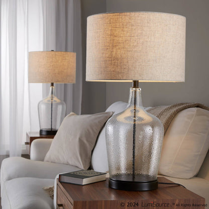 Botella 28" Glass Table Lamp with USB - Set of 2: Clear Dimpled Glass, Oil Bronze Metal, Natural Linen - Decor Addict, LLC