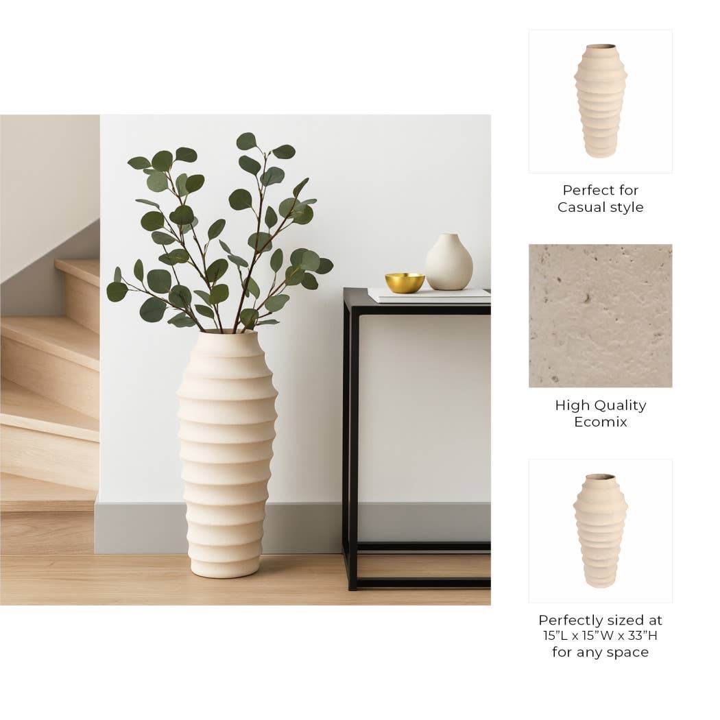 Decorative Floor Vase - Ivory Ecomix Textured Ribbed, 33 in. - Decor Addict, LLC