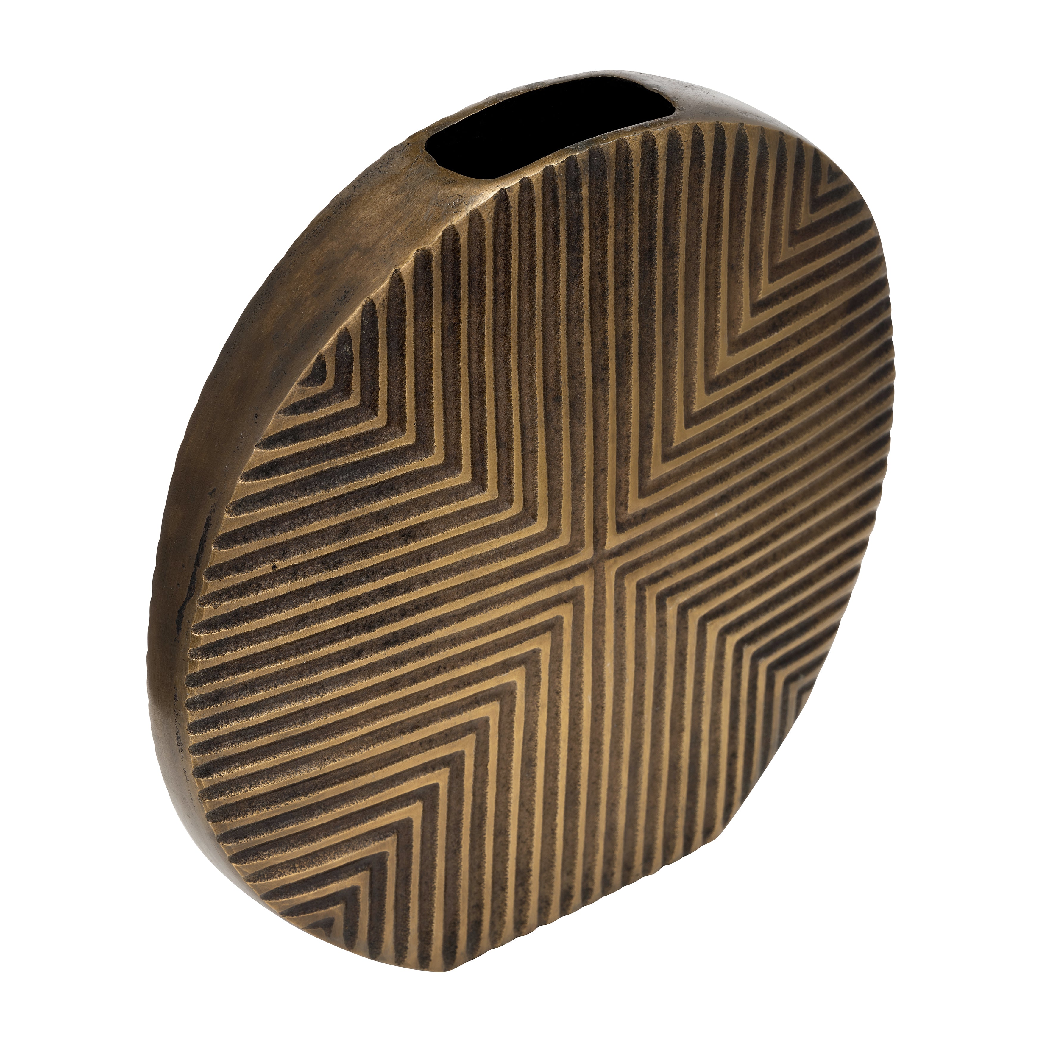 Metal, 13"h Round Ribbed Vase, Brass Antique - Decor Addict, LLC