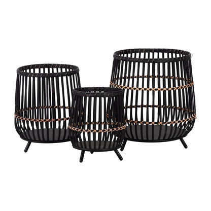 S/3 Bamboo Footed Planters 17/14/10", Black - Decor Addict, LLC
