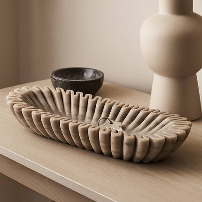 Decorative Bowl - Tan Marble Wavy Ribbed Texture, 16 in. - Decor Addict, LLC