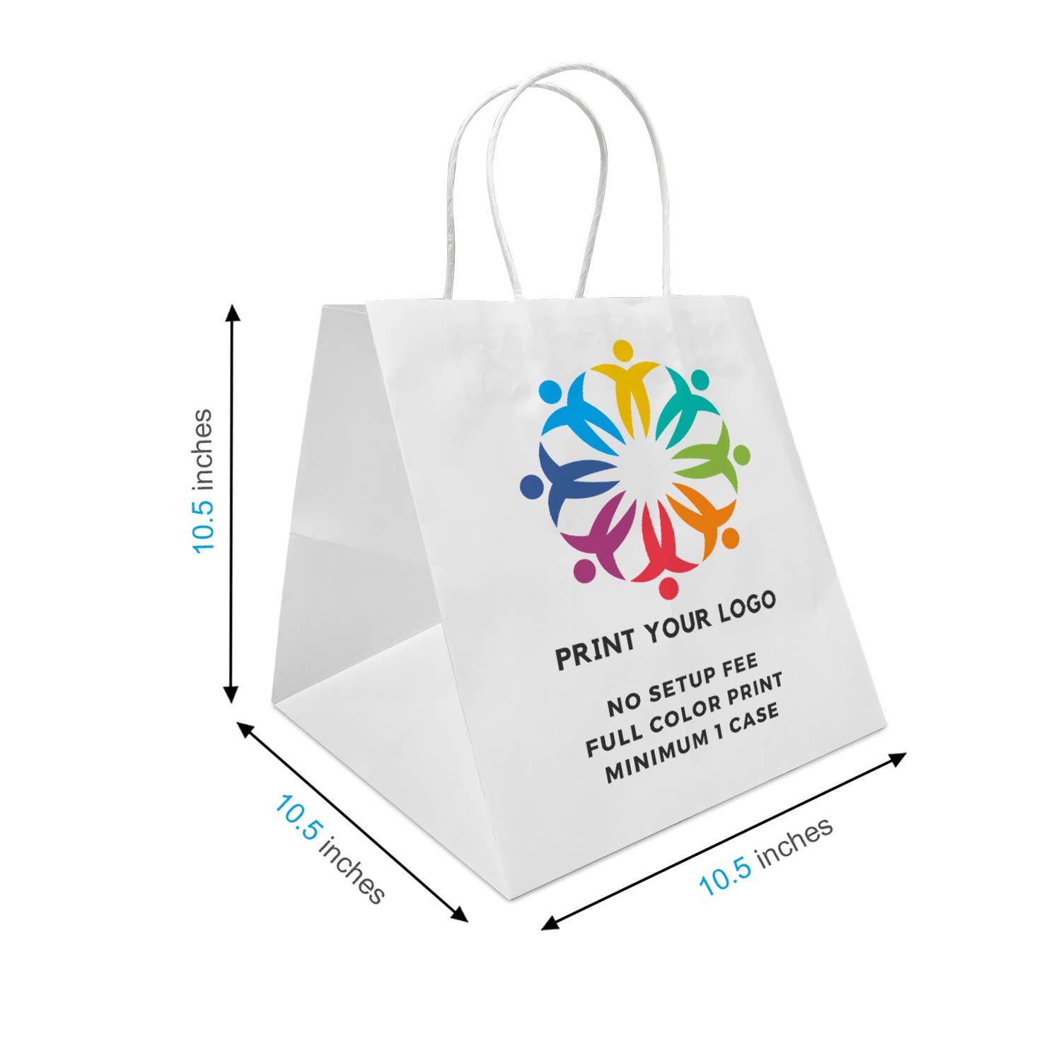 Custom Print Cube 10.5x10.5x10.5 White Paper Bags w Handle: 250 bags - $1.1/pc / 1 side print (front) - Decor Addict, LLC
