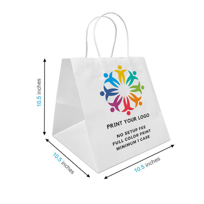 Custom Print Cube 10.5x10.5x10.5 White Paper Bags w Handle: 250 bags - $1.1/pc / 1 side print (front) - Decor Addict, LLC