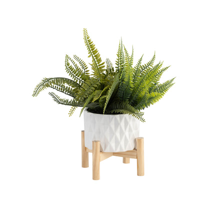 6" Ceramic Diamond Planter W/ Wood Stand, White - Decor Addict, LLC