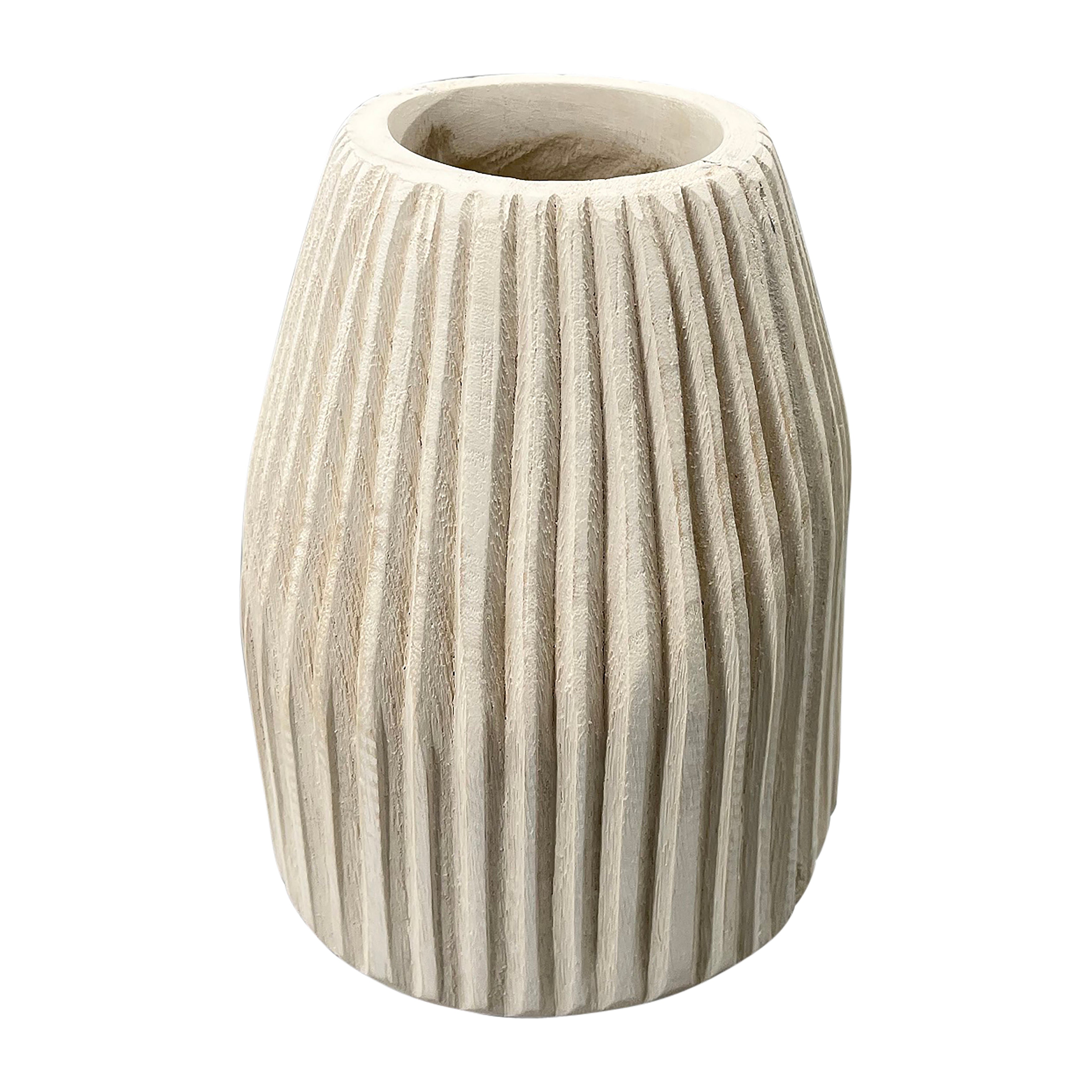 Wood, 8" Ridged Vase, White - Decor Addict, LLC