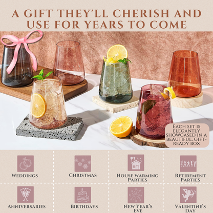 Stemless German Design Colored Wine Glass - Set of 6 13.5 OZ - Decor Addict, LLC