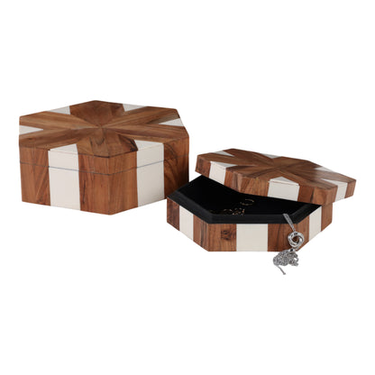 S/2 10/12" Wood Inlay Hexagon Boxes, Natural/white - Decor Addict, LLC