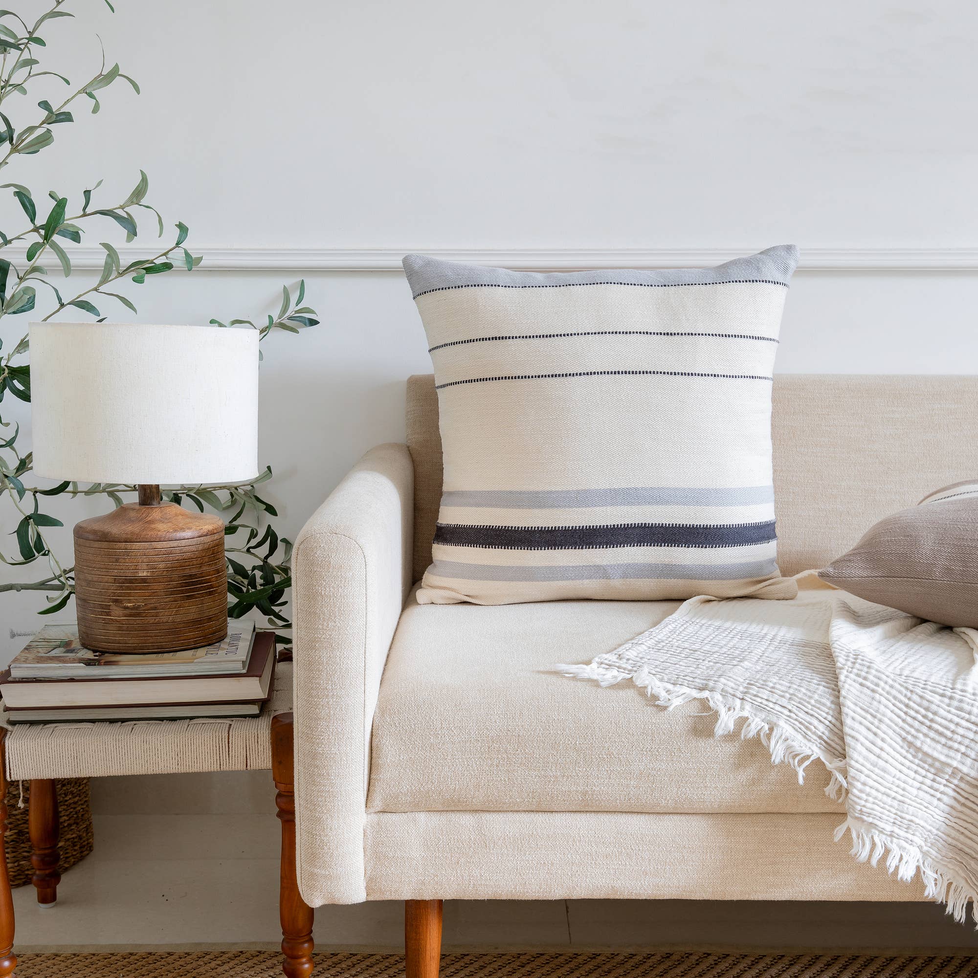 Transitional Hand-Woven Modern Striped Cotton Throw Pillow: Ivory/Brown / Pillow- Poly Filled - Decor Addict, LLC