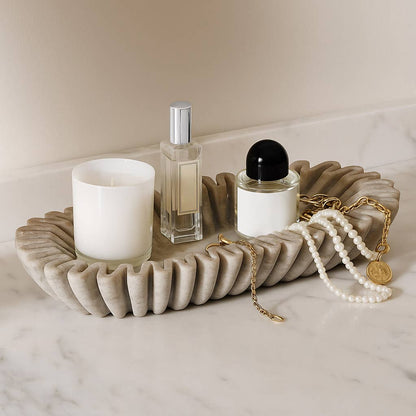 Decorative Bowl - Tan Marble Wavy Ribbed Texture, 16 in. - Decor Addict, LLC