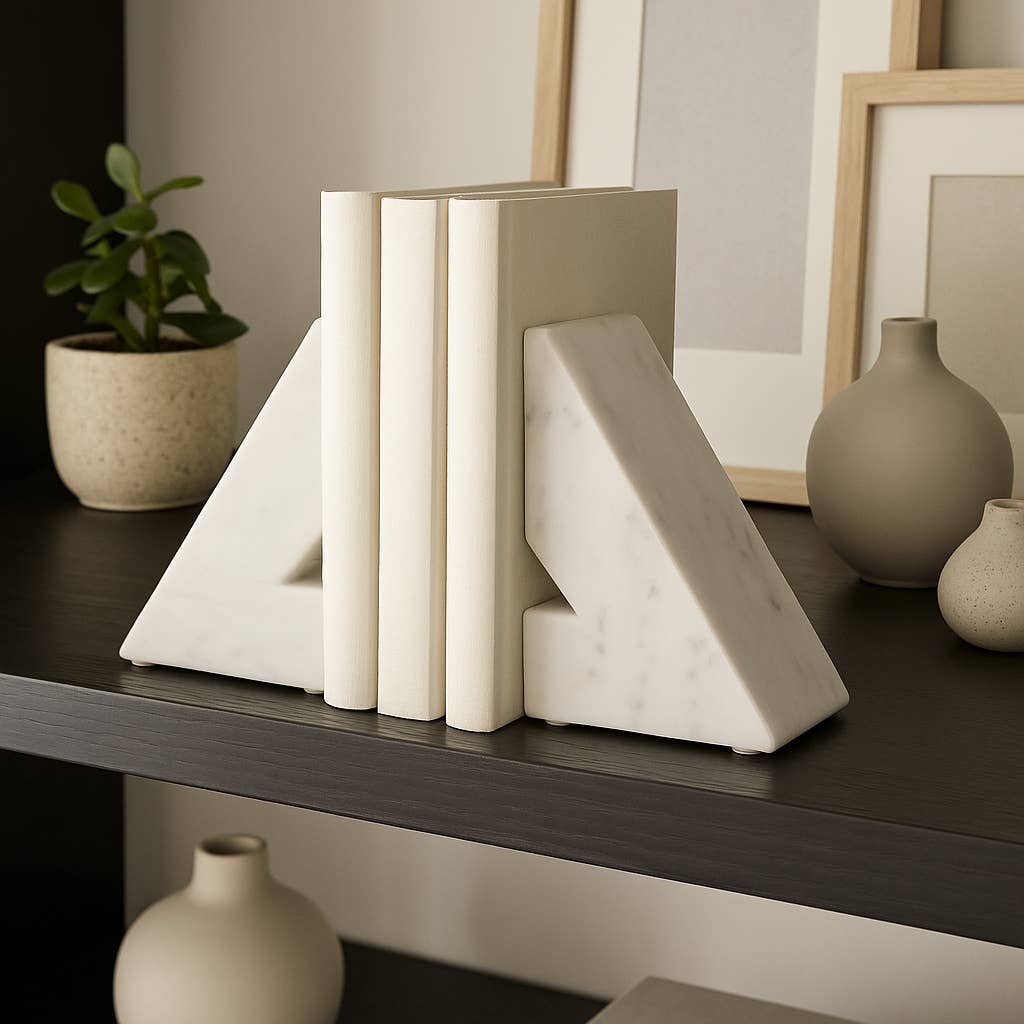 Bookends Set - White Marble Modern Right Triangle, 6 in. - Decor Addict, LLC