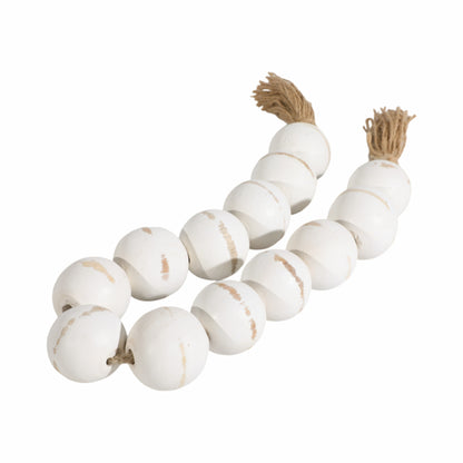 Wood, 32"l, 2"lrg Bead Garland W/ Tassel, Wht Wash - Decor Addict, LLC