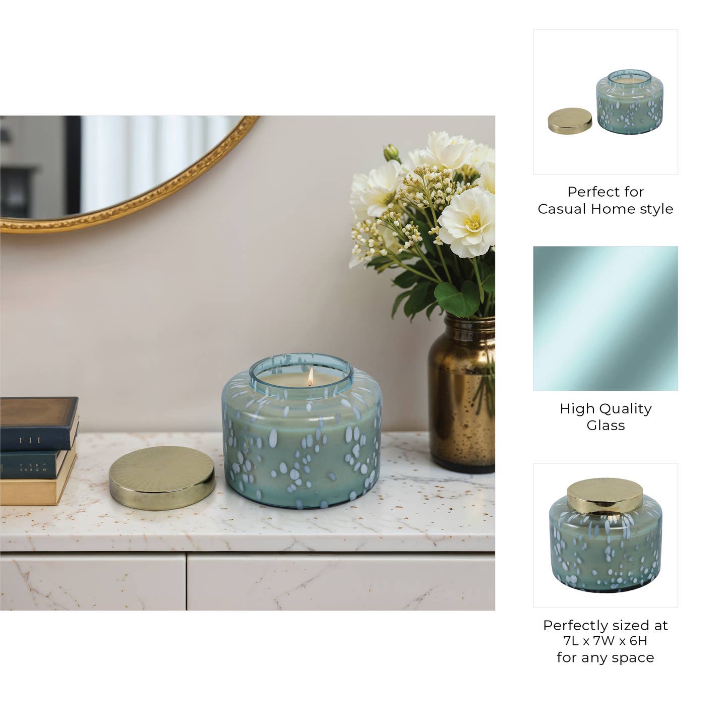 71 Oz Jasmine Speckle Lidded Candle, Blue/gold - Decor Addict, LLC
