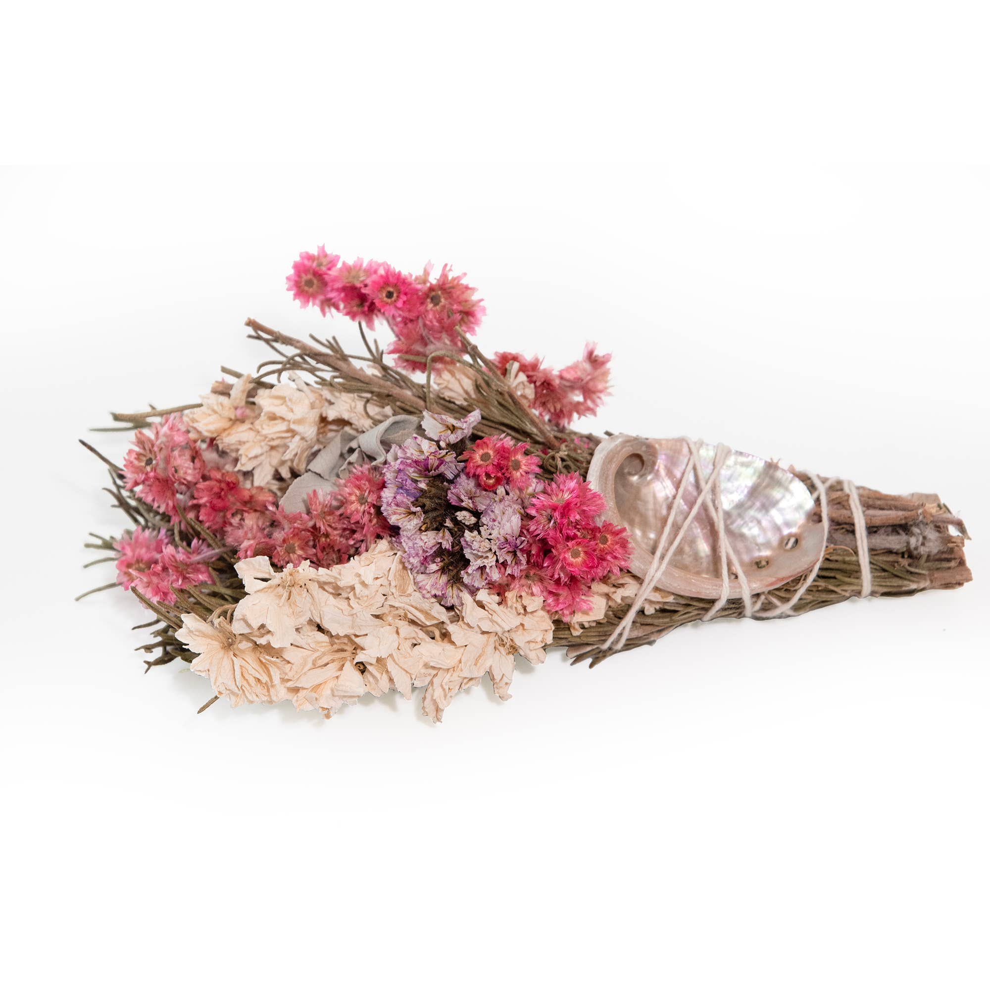 6" Pink & White Floral Smudge Wand with Shell - Decor Addict, LLC