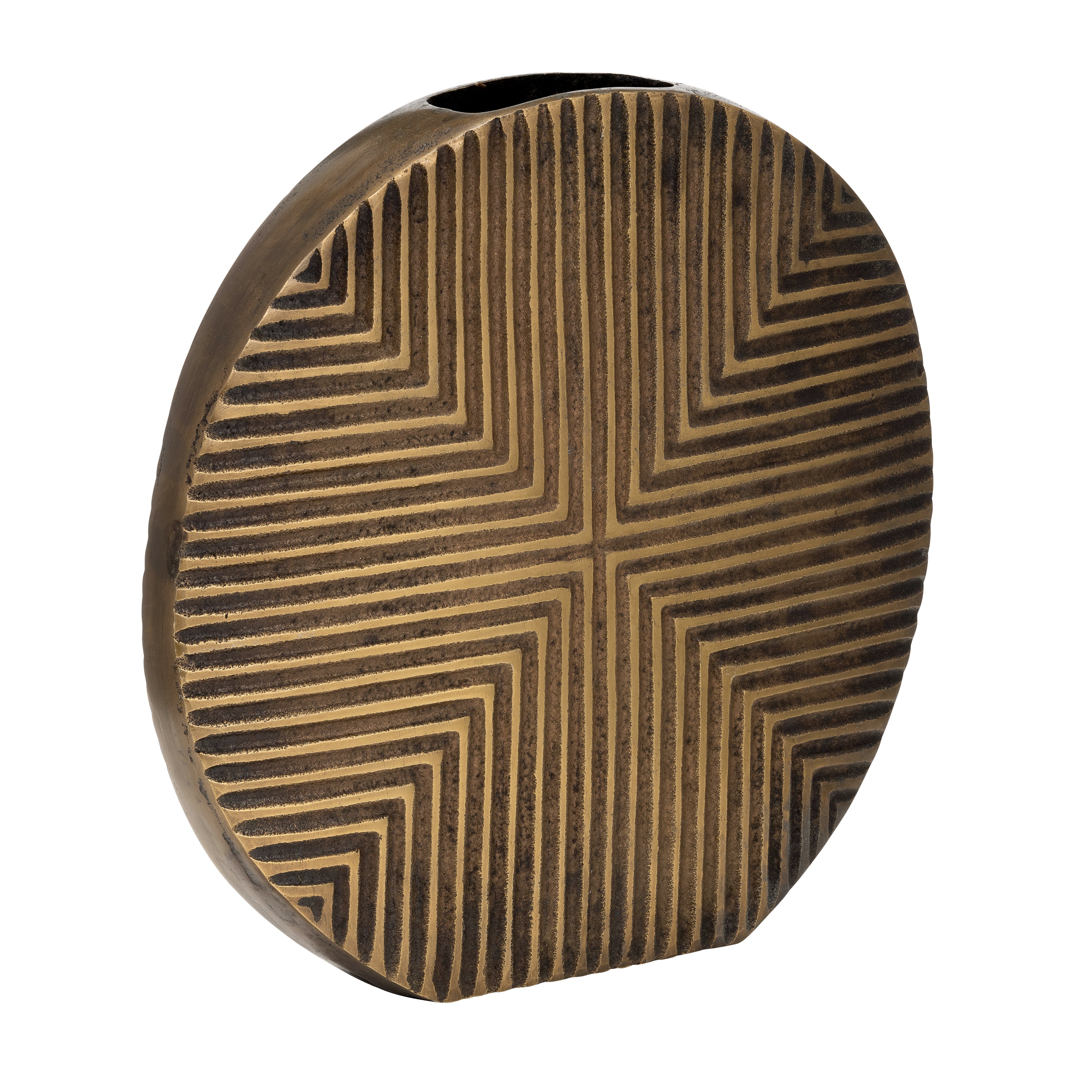 Metal, 13"h Round Ribbed Vase, Brass Antique - Decor Addict, LLC