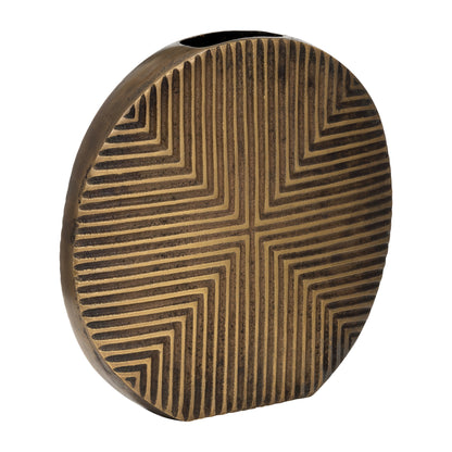 Metal, 13"h Round Ribbed Vase, Brass Antique - Decor Addict, LLC