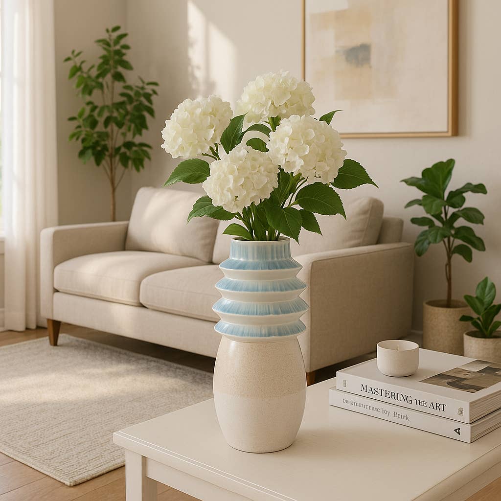 Ceramic Reactive Finish Fluted Top Vase - Blue, 15 in. - Decor Addict, LLC