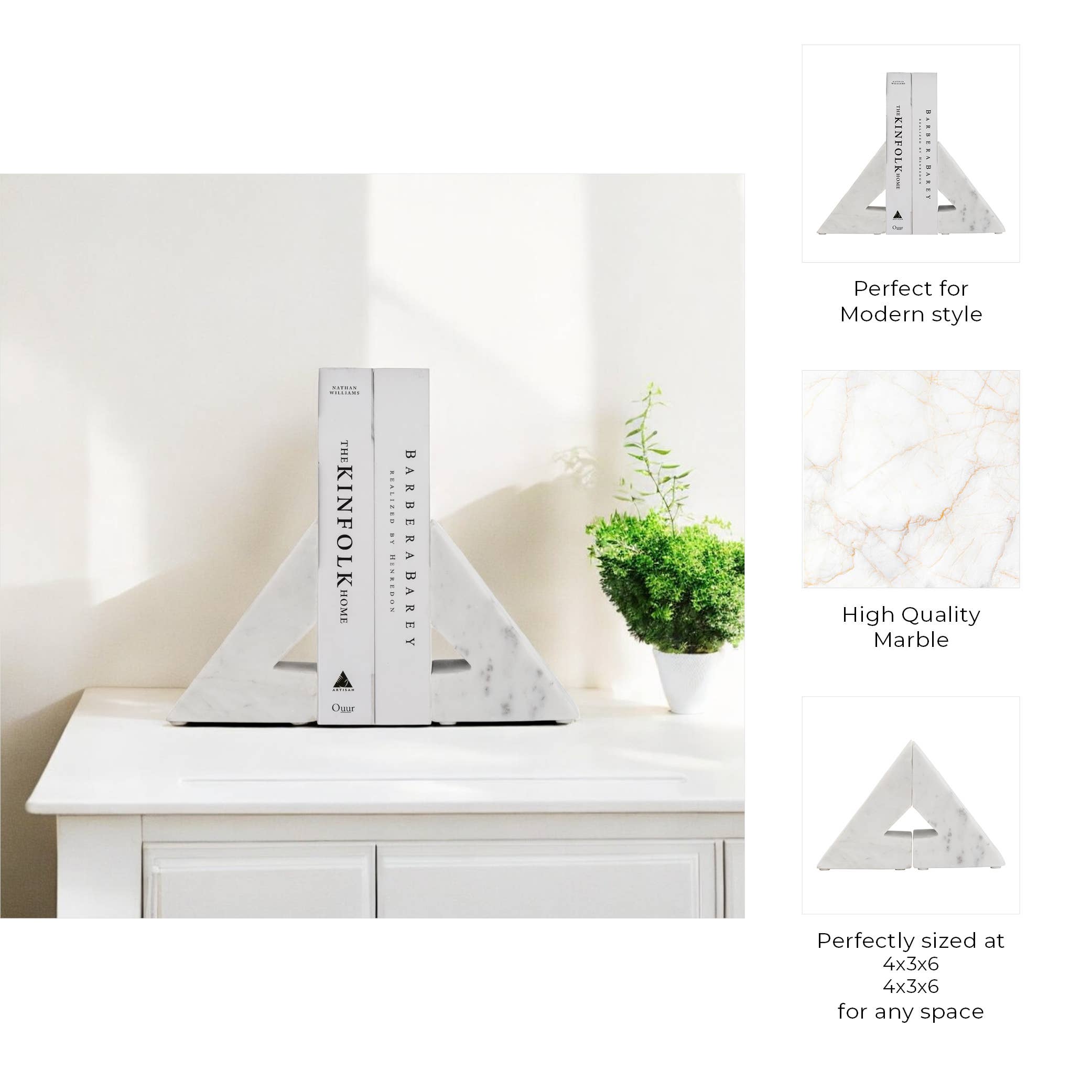 Bookends Set - White Marble Modern Right Triangle, 6 in. - Decor Addict, LLC