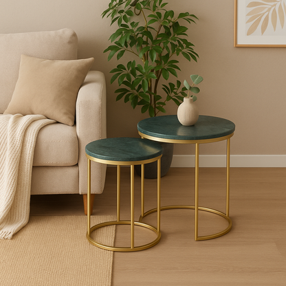 Green Marble Nesting Table Set of 2 with Golden Metal Frame - Decor Addict, LLC