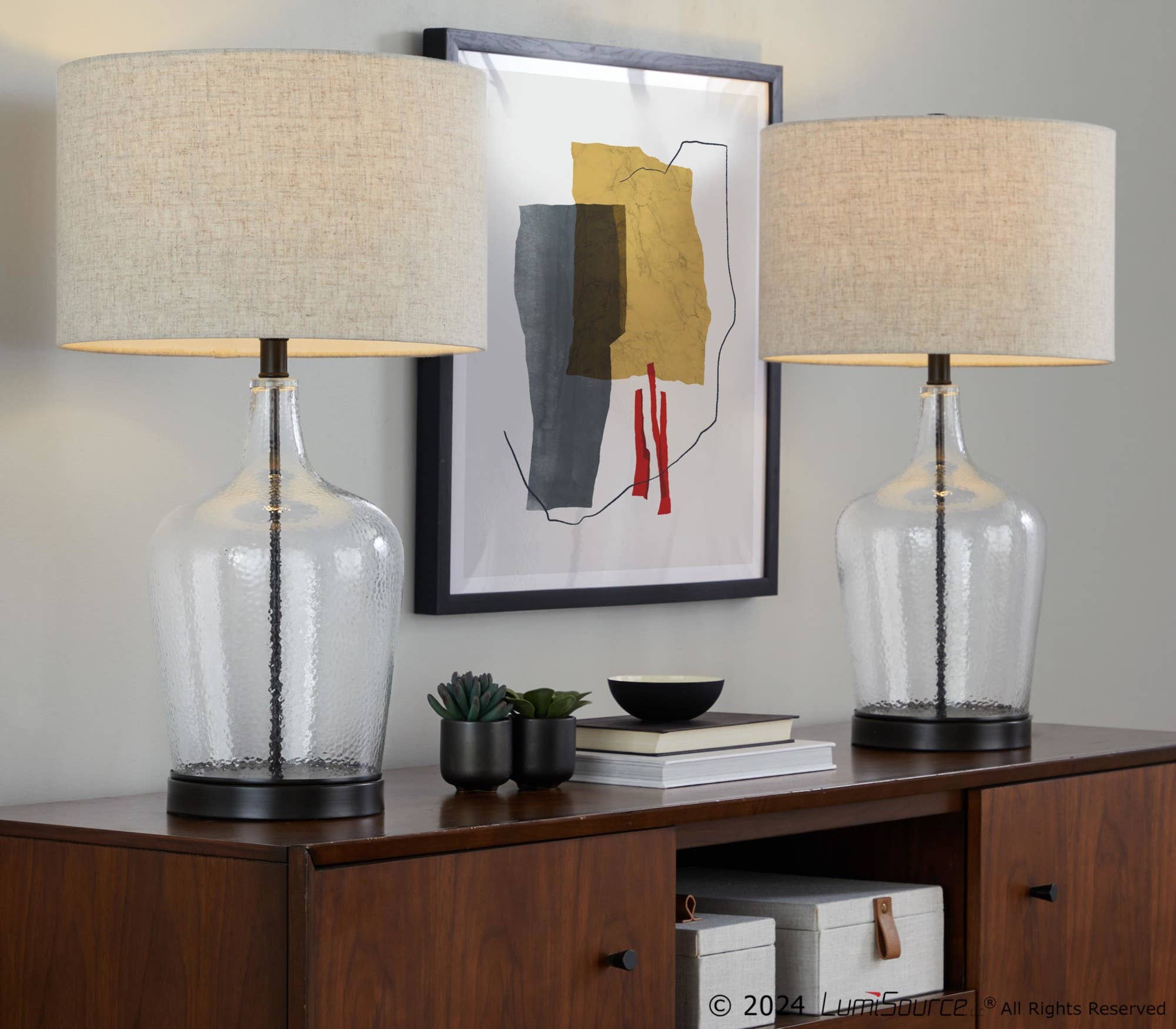 Botella 28" Glass Table Lamp with USB - Set of 2: Clear Dimpled Glass, Oil Bronze Metal, Natural Linen - Decor Addict, LLC