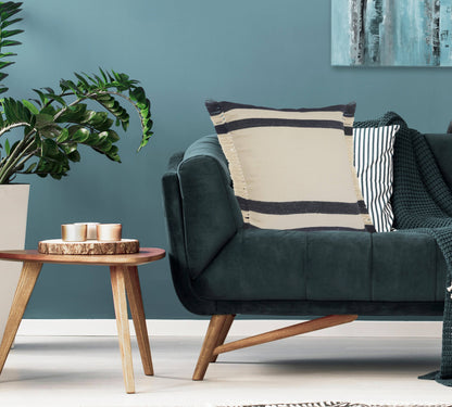 Double Blue Border Striped Throw Pillow with Fringe: Blue/White / 20" x 20" / Poly Filled - Decor Addict, LLC