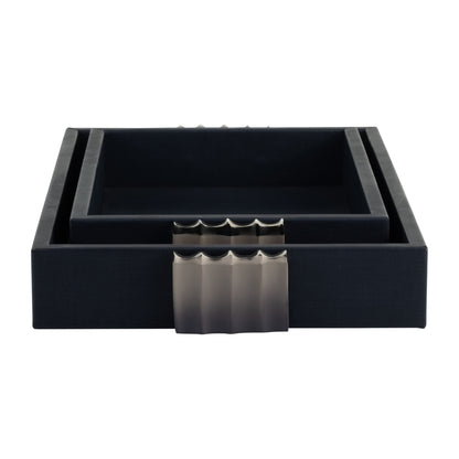 S/2 14/18"l, Wood-leather Trays, Blue/ Ombre - Decor Addict, LLC