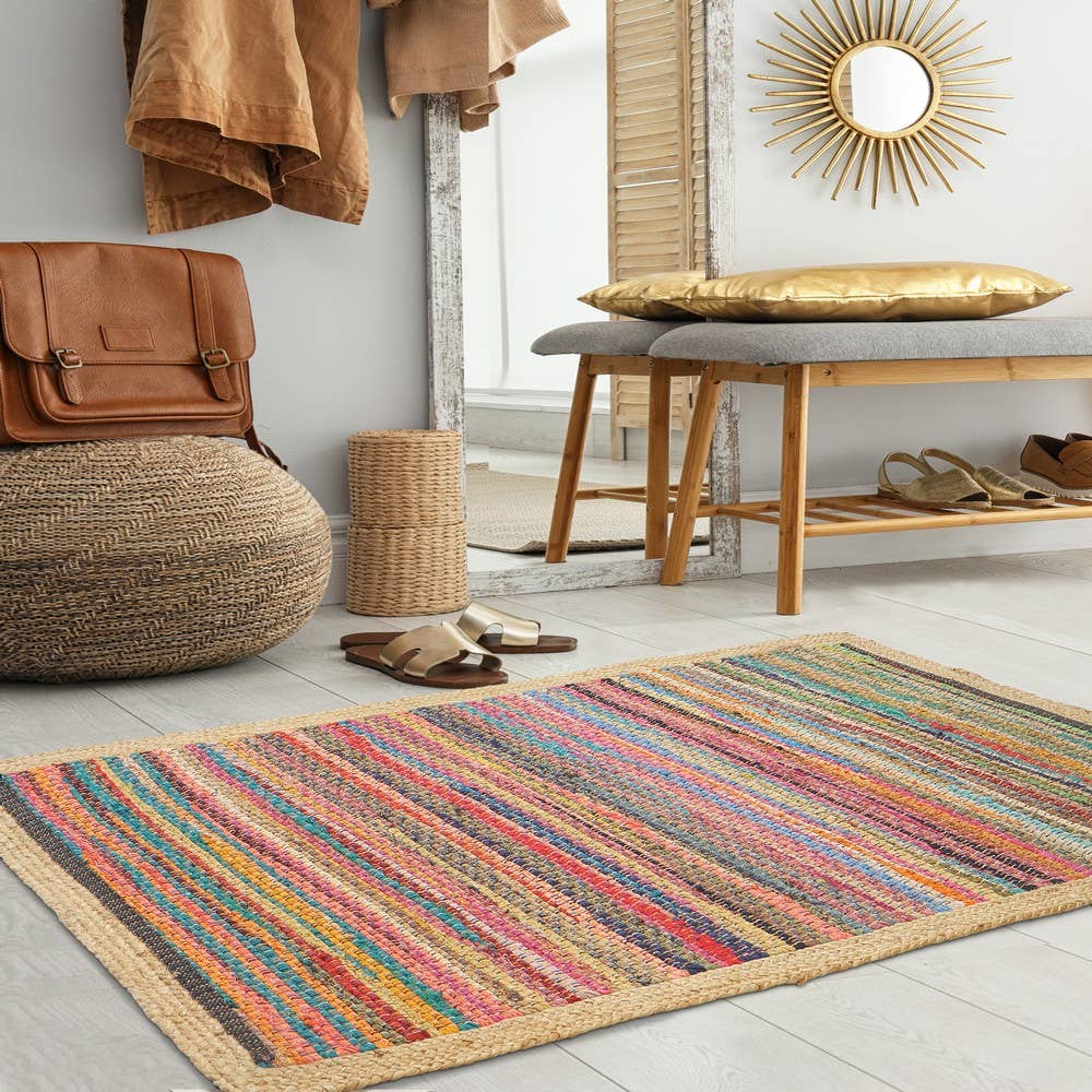 Multicolored Geometric Jute Bordered Accent Rug, 2' x 3': Multi/Tan - Decor Addict, LLC