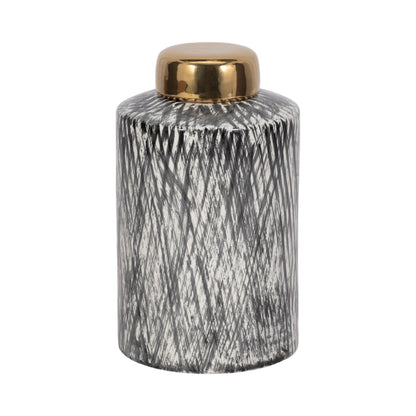 Black/White 10 in. Ceramic Novelty Cross Hatch Ginger Jar - Decor Addict, LLC