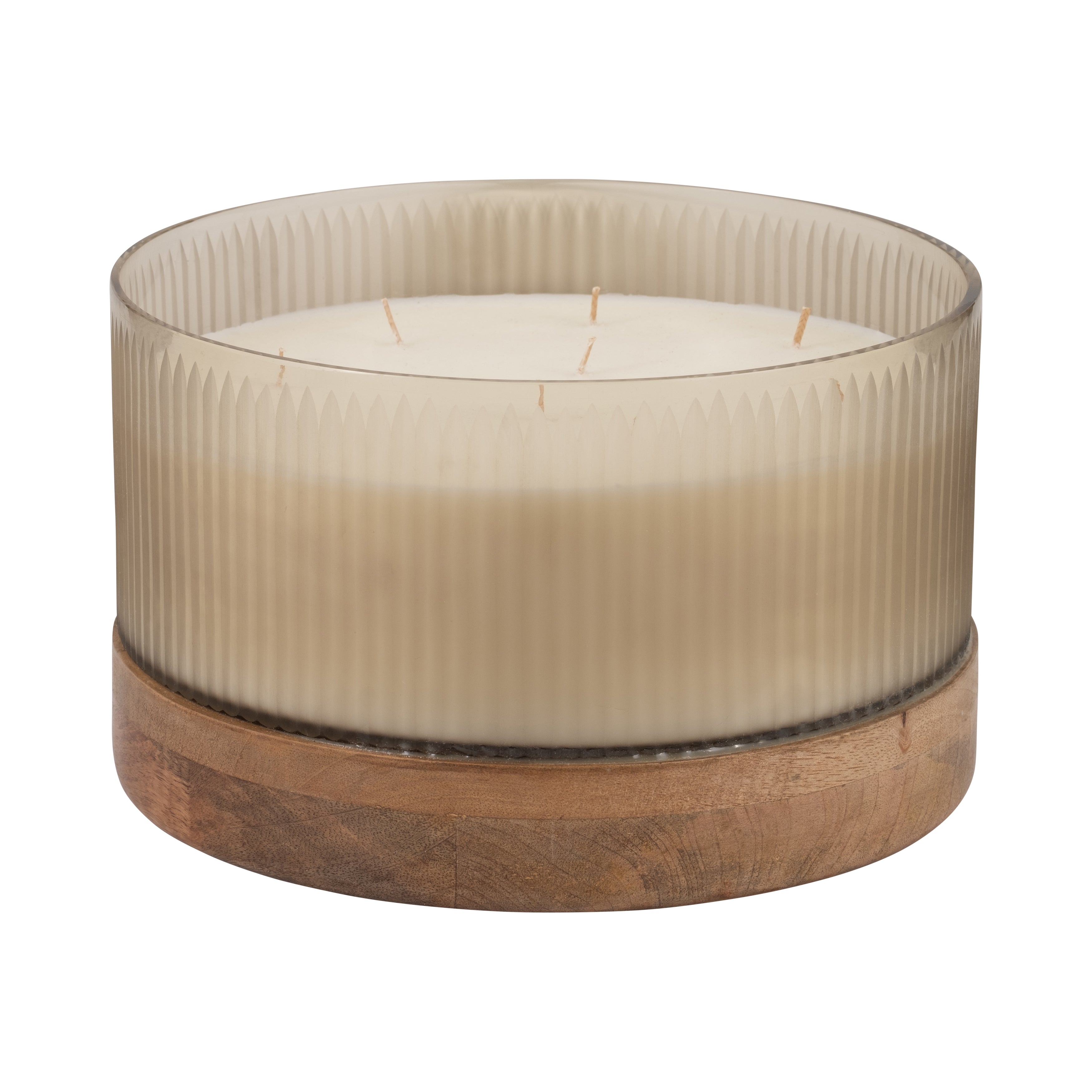 12" 183 Oz Glass Candle W/ Wood Base, Ivory - Decor Addict, LLC