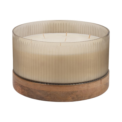 12" 183 Oz Glass Candle W/ Wood Base, Ivory - Decor Addict, LLC
