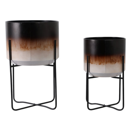 S/2 19/23" Ombre Metal Planters On Stands, Brown K - Decor Addict, LLC