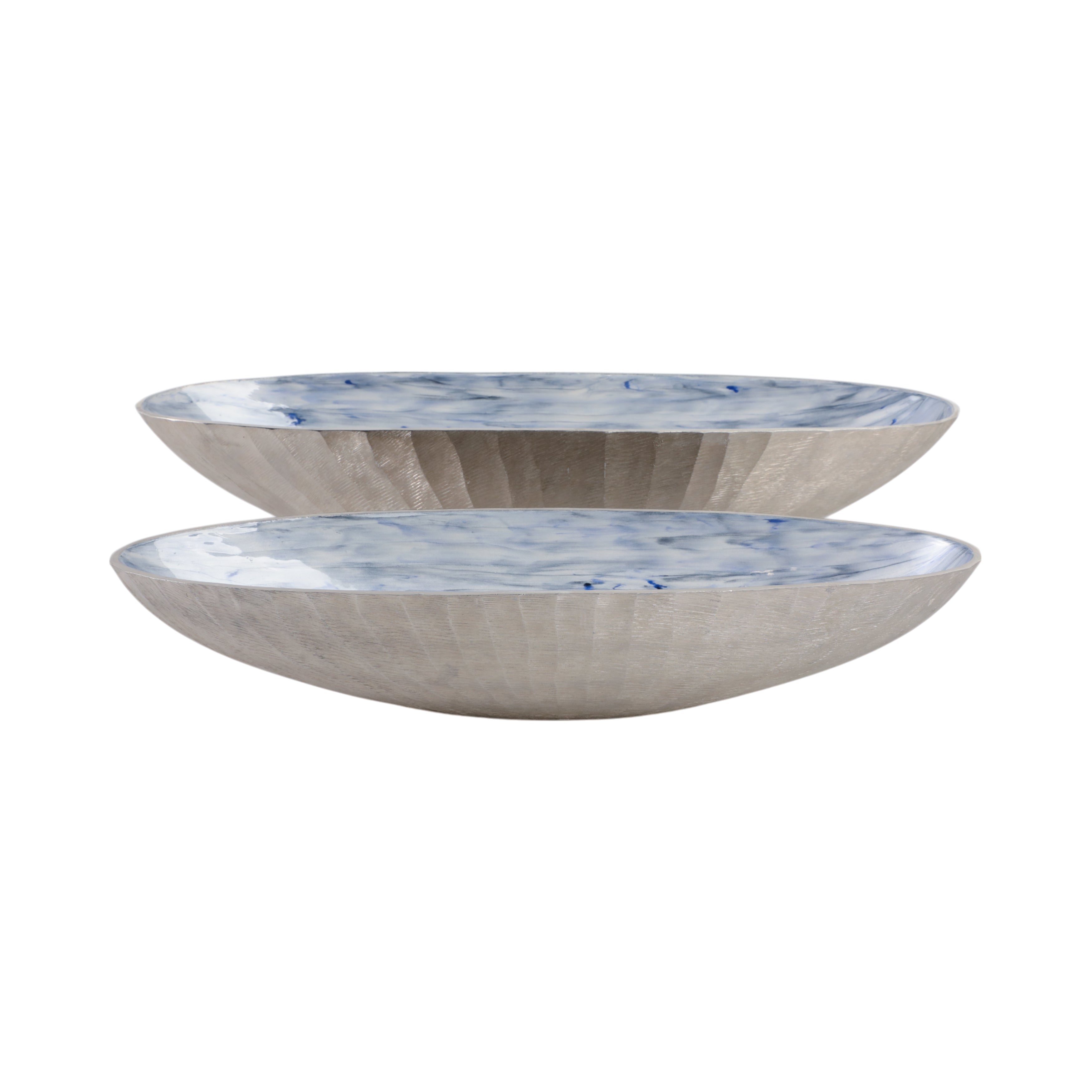 S/2 20/23" Oval Metal Bowl W/ Enamel,light Blu/sil - Decor Addict, LLC
