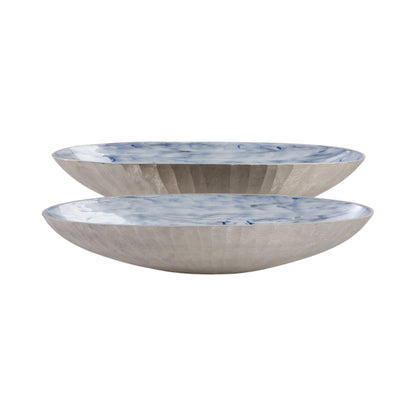 S/2 20/23" Oval Metal Bowl W/ Enamel,light Blu/sil - Decor Addict, LLC