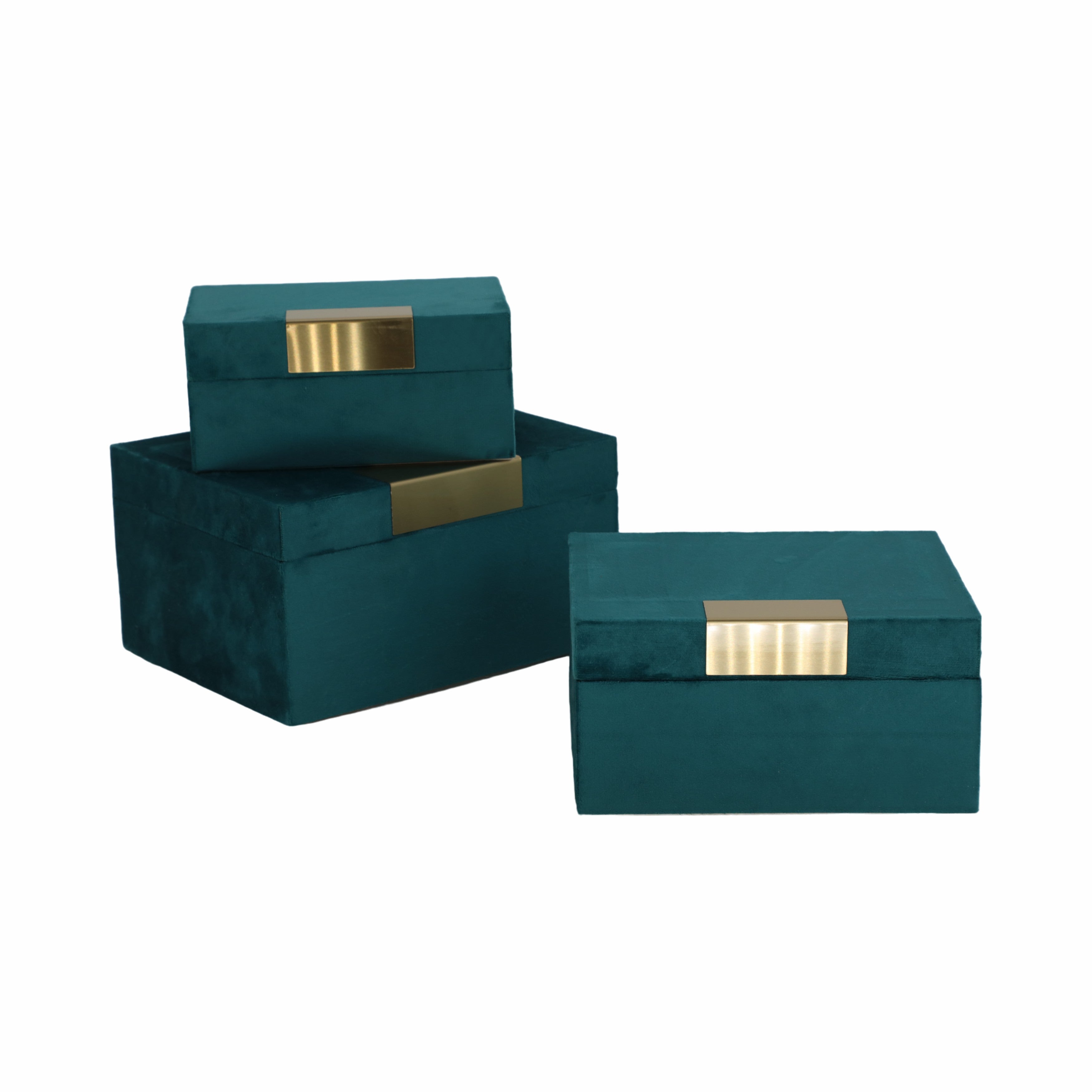 Velvet,s/3 7/8/9"l,jewelry Boxes,teal/gold - Decor Addict, LLC