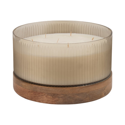 12" 183 Oz Glass Candle W/ Wood Base, Ivory - Decor Addict, LLC