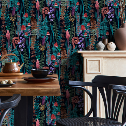 Botanical Wallpaper with Ferns and Wild Mushrooms in Teal, Brown, and Purple - A934 - Decor Addict, LLC