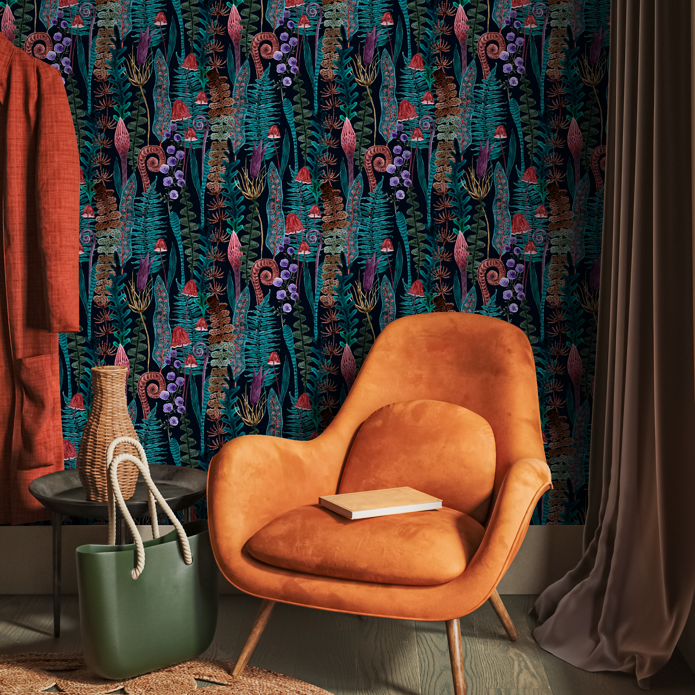 Botanical Wallpaper with Ferns and Wild Mushrooms in Teal, Brown, and Purple - A934 - Decor Addict, LLC