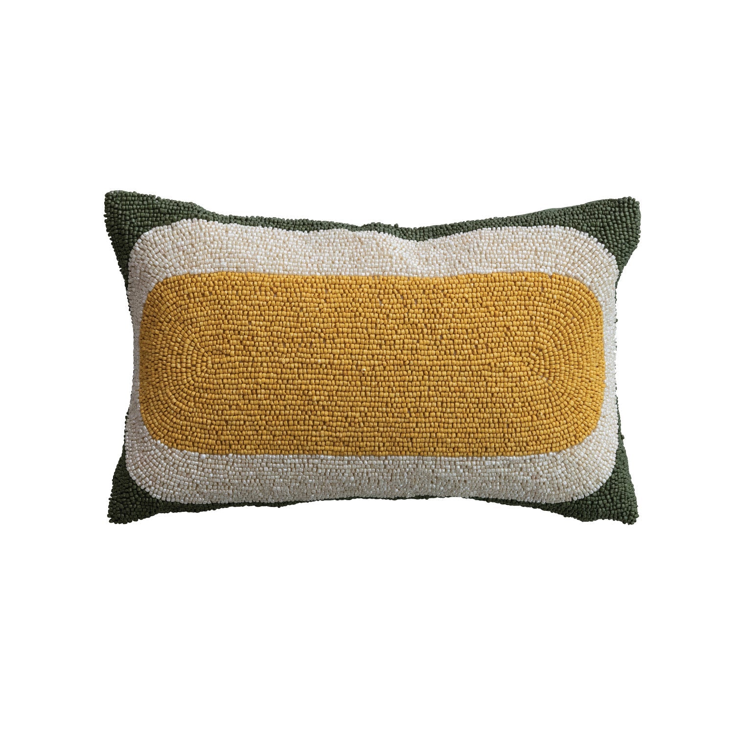 Fabric Beaded Lumbar Pillow with Geometric Design, Yellow, White & Green
