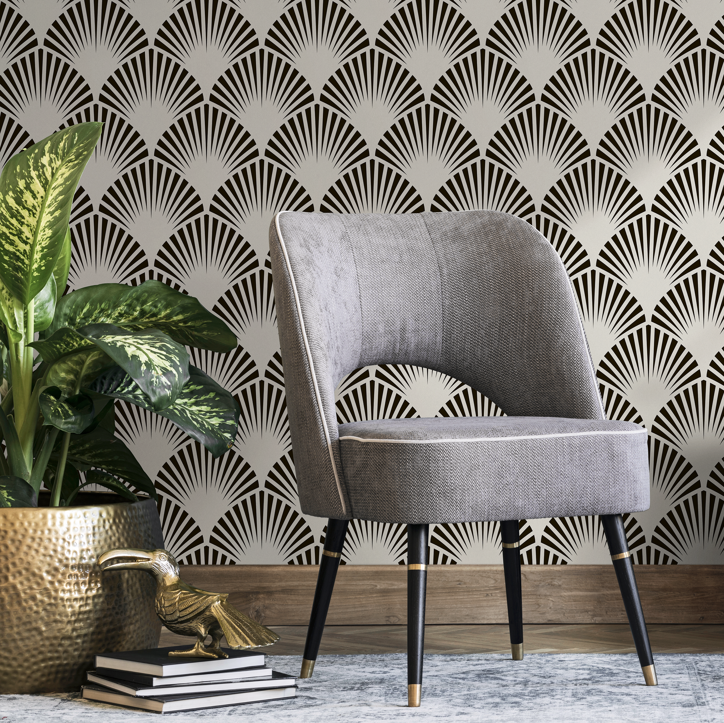 Art Deco Wallpaper with a Stylized Fan Motif in Black and Light Grey - B074 - Decor Addict, LLC