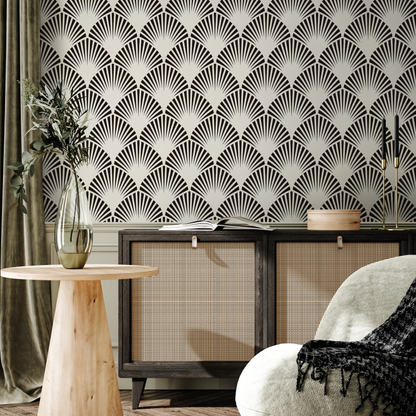 Art Deco Wallpaper with a Stylized Fan Motif in Black and Light Grey - B074 - Decor Addict, LLC