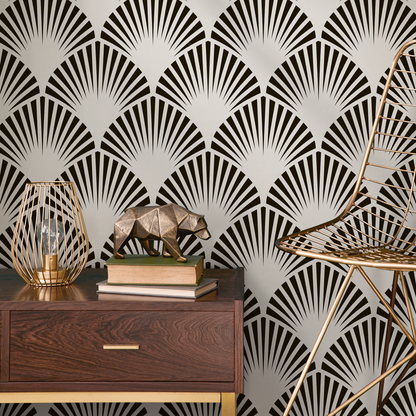 Art Deco Wallpaper with a Stylized Fan Motif in Black and Light Grey - B074 - Decor Addict, LLC